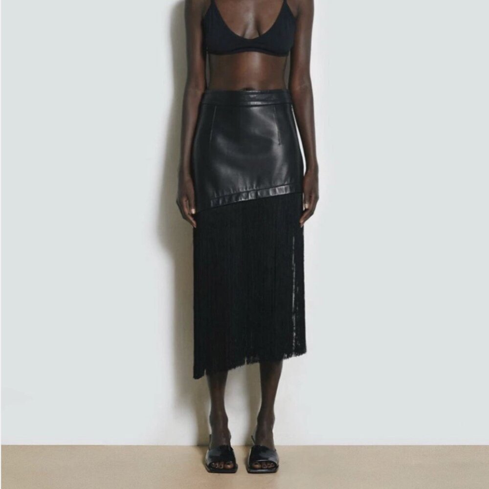 Rare Helmut Lang Leather and Fringe Asymmetrical Black Skirt Iconic
